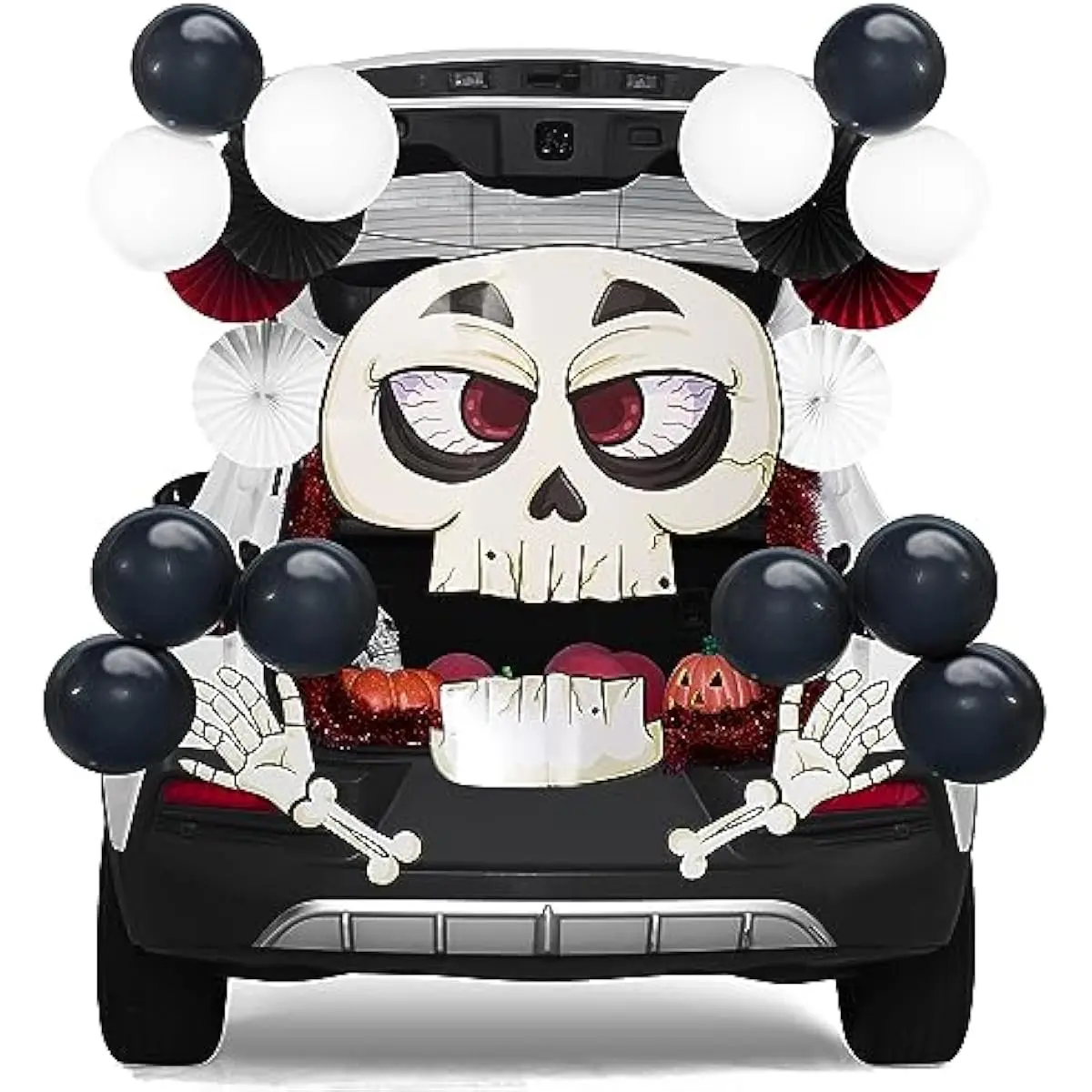 Halloween Trunk or Treat Car Decorations Kit with Skeleton Design, Archway Garage Decor Balloons and Tinsel Streamer Garland, for Haunted House Door Entryway