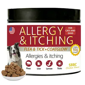 Sbbc dogs use fleas and ticks+itch-relieving chews, dogs use fleas and ticks, dog skin allergy chews, dog itch skin relief and skin repair, flea tick skin problems relief, 100 soft chews, chicken flavor.