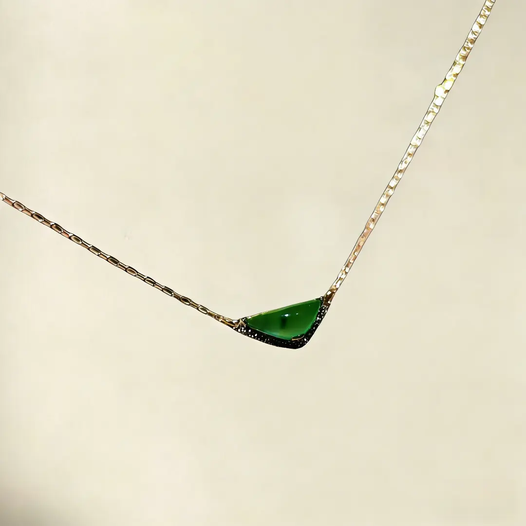 Natural Jade Triangle Pendant Necklace, Simple Mini Size Design with Micro Pave on a Clavicle Length Chain for Women, Premium Craftsmanship, Special Occasion, Understated Luxury, Versatility, Casual