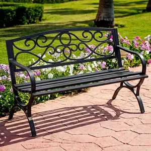 Outdoor Garden Bench, Iron Metal Frame Patio Park Bench with Floral Pattern Backrest, Arch Legs