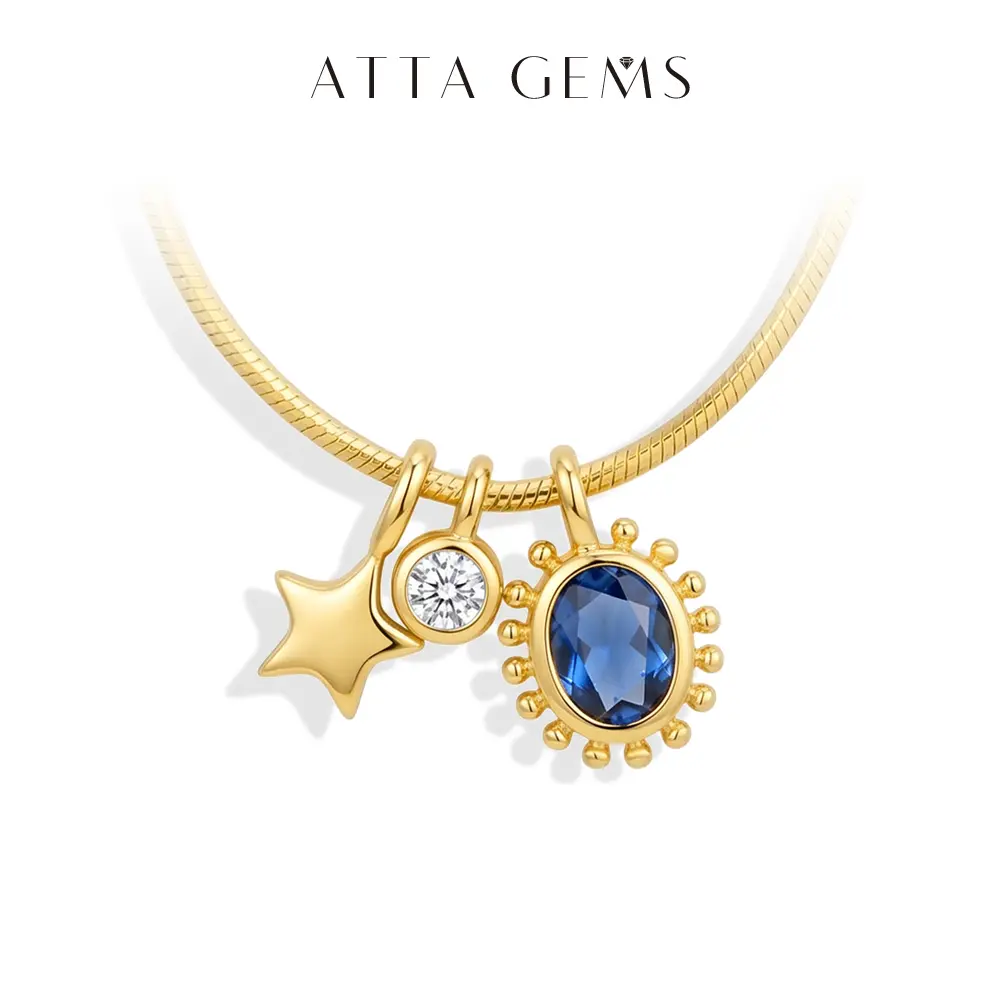 ATTAGEMS Women's Star & Sun Gemstone Charm Pendant Necklace - 2.5mm Round Cut Synthetic Moissanite, 4*5mm Oval Cut Lab-Created Sapphire, Copper Chain Jewelry for Women's Fashion, Casual Wear, Birthday Gift NU04