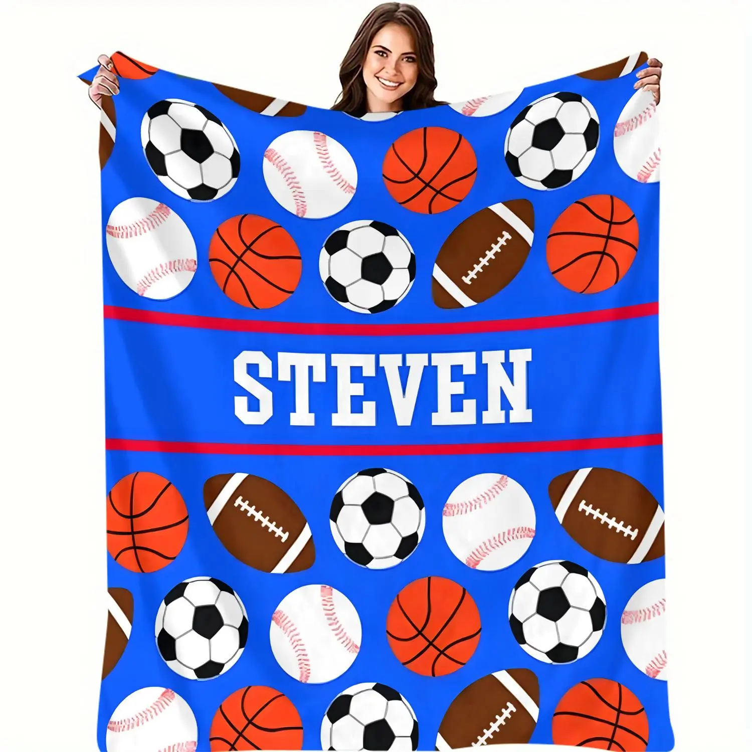 Customized Name Flannel Blanket with Football, Volleyball, Baseball, Basketball Patterns - Personalized with Self-Defined Name Text, Birthday Gift for Adults, 2D Flat Design, 137cm×178cm（50x70in）/203cm×152cm（60x80in）, Grandparents