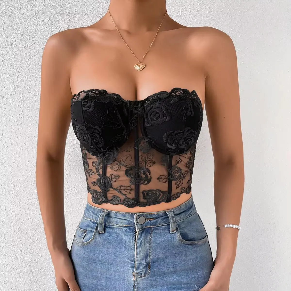 Embroidered Mesh Corset Top for Women | Sexy Black Lace Bralette with Floral Design | Perfect for Date Night, Casual Outings, or Special Occasions | Adjustable Fit & Comfortable Elegance tube top tank top for women halter tops