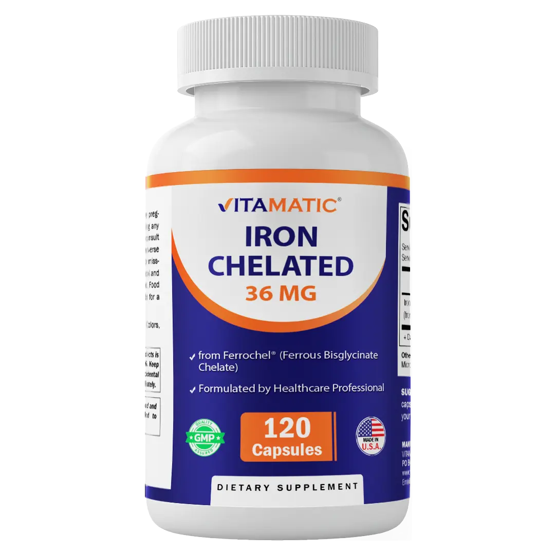 Vitamatic Chelated Iron Healthcare Nutritional Supplement - 36 mg Ferrochel Ferrous Bisglycinate Chelate, Non-Constipating, 120 Vegetarian Capsules, Non-GMO, Gluten-Free, Made in USA