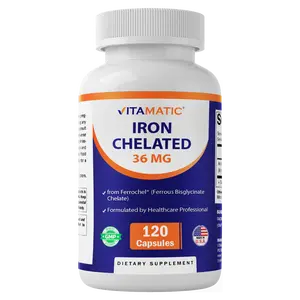Vitamatic Chelated Iron 36 mg (from Ferrochel Ferrous Bisglycinate Chelate) – Non-Constipating - 120 Veg Capsules - Non GMO, Gluten Free, Made in USA