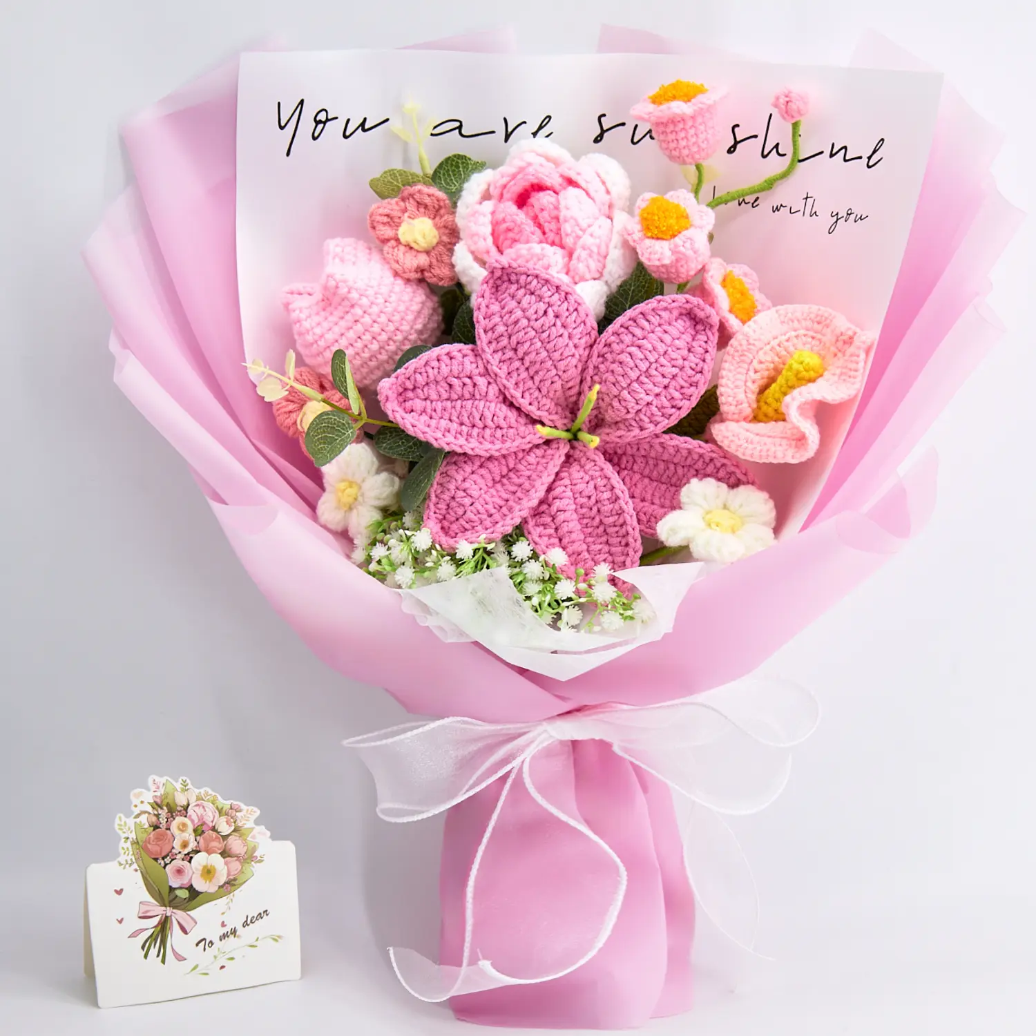 Handmade Crochet Flowers Bouquet Gift for Girlfriend Birthday Wedding Anniversary Just Because Graduation Gift Wrapped Bouquet with Lily Rose Tulip Eucalyptus Cala Lily Forever Flowers for Her Mom with Greeting Card Ready to Gift Home Decor