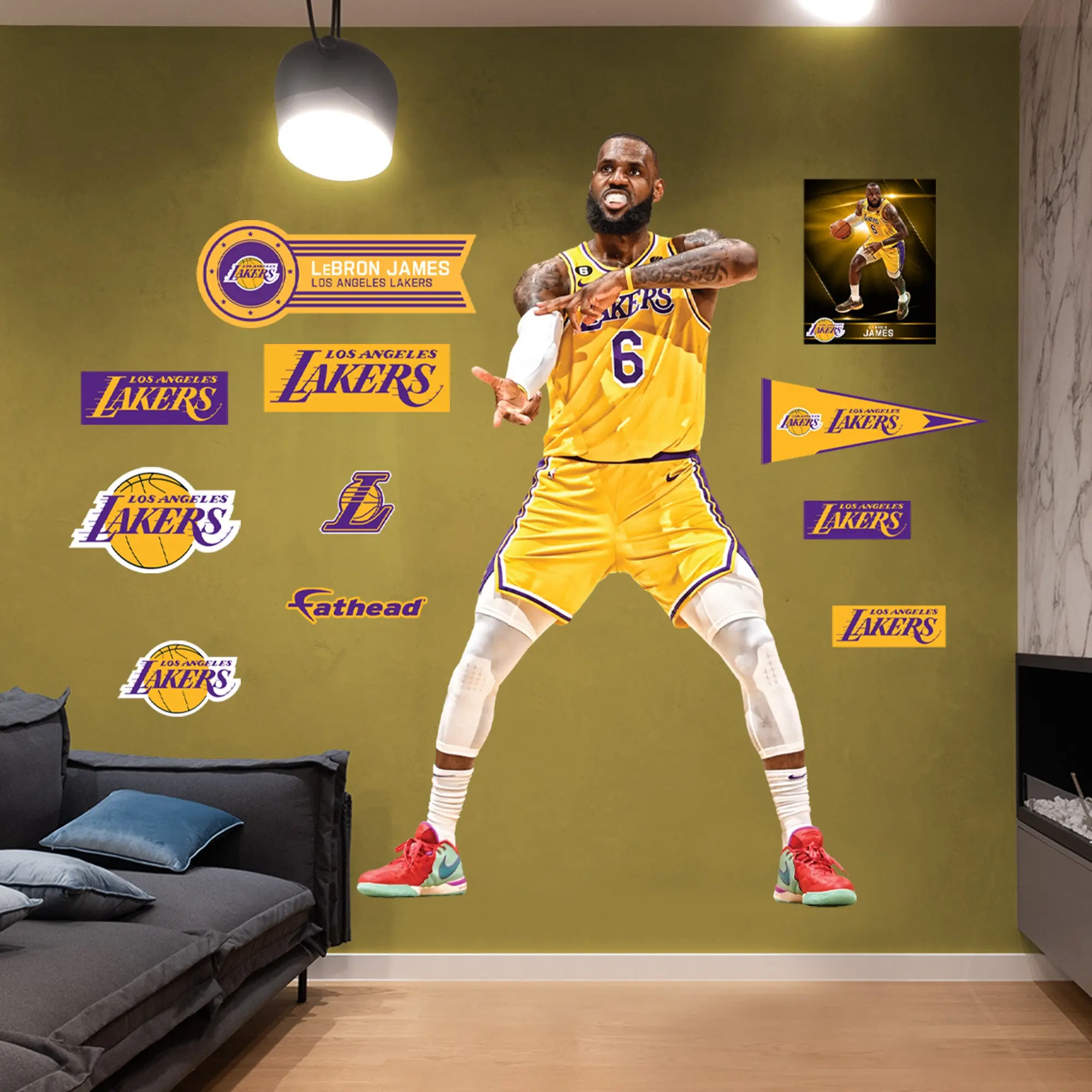 Official NBA Los Angeles Lakers LeBron James RealBig Ice In The Veins Collection Reusable Vinyl Wall Decals, Home Decor Room Stickers with Seamless Edge Look Wall Art