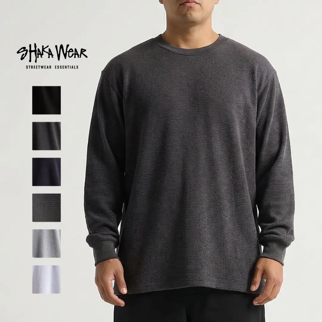 Shaka Wear Men's 9.0oz Heavyweight 18 Singles Yarn Cotton Thermal Top - Plain Long Sleeve Undershirt with Ribbed Cuffs, 1" Rib Neck Fit, Crew Neck, Double Stitched Hem, All-Season Wear, Polyester Blend