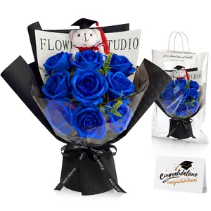 3 Pcs Graduation Gift DIY Bear Flower Bouquet Set with Artificial Roses Flower Bouquet Mini Plush Bear with Grad Cap Greeting Card Gift Bag for 2026 Graduation Party Favors Supplies, Gift for Graduate