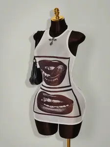 Glamine Gyaru Style  Rave Outfits Festival Rave Outfits Festival Lip Print Sheer Bodycon Mini Dress