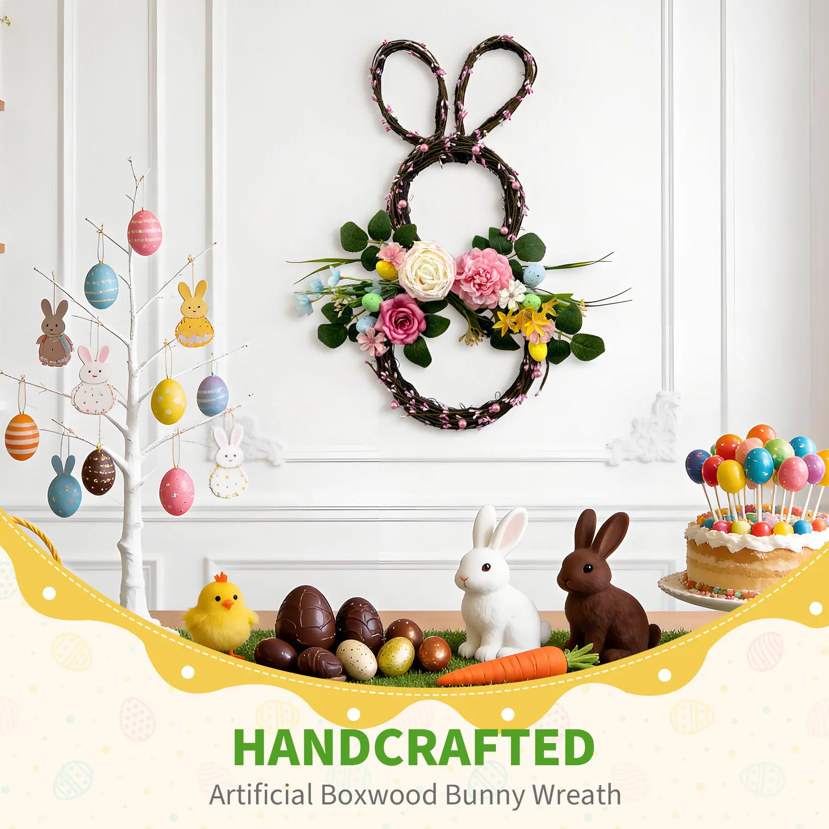24" Luxury Easter Bunny Wreath, Foldable Spring Floral Wreath with Pastel Eggs & Peonies, Handmade Decor for Porch, Wall and Window