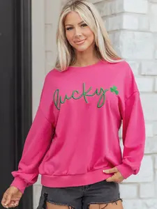 Rose Red Lucky Clover Embroidered Loose Pullover Sweatshirt, Relaxed Fit Creates An Effortless, Laid-Back Silhouette.