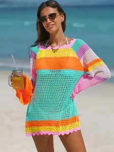 Popvil The Cutest Crochet Beach Cover-Up  | Colorful Striped Bell Sleeve Mini Dress | Boho Summer Festival Outfit