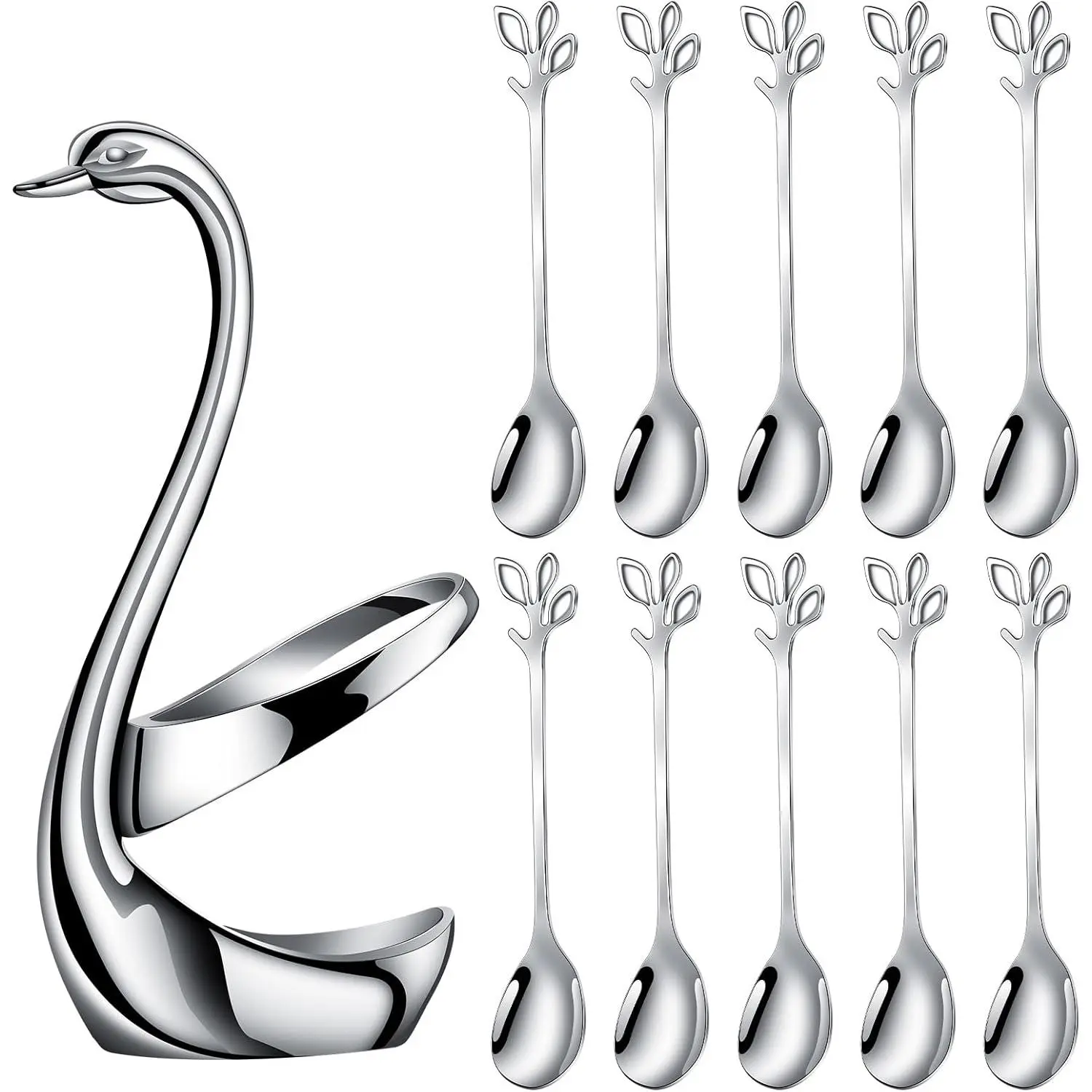 11 Pcs Polished Metal Coffee Stirring Spoons & Decorative Base Set,Including 1 Elegant Swan Cutlery Holder with 10 Leaf Spoons for Home & Cafe,Halloween Christmas Party Gifts,Hand Tools Kits