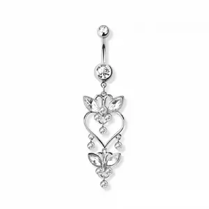 CZ Crystal Heart Butterfly Dangling Belly Button Ring - 316L Stainless Steel