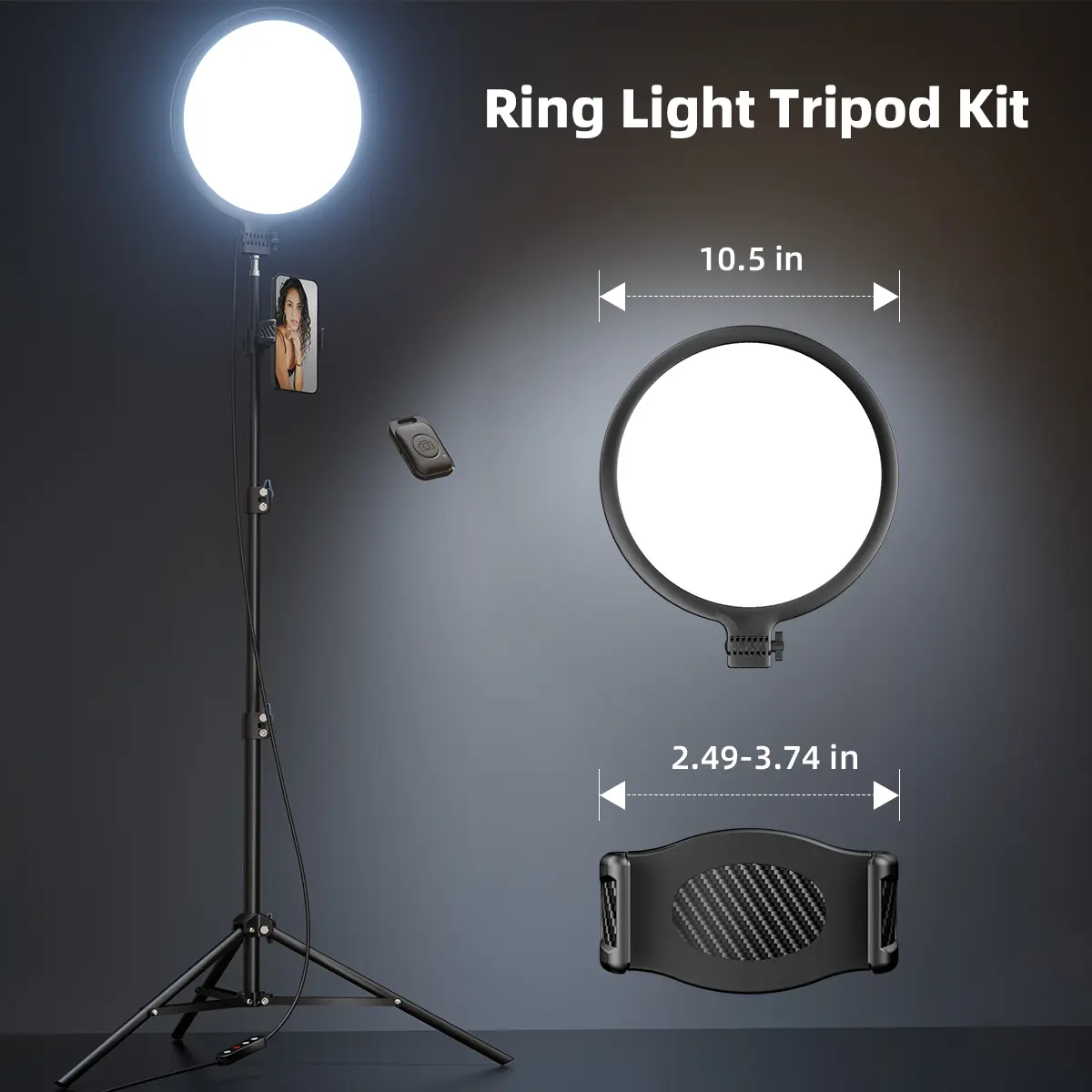 TODI 10.5" Ring Light with 69" Tripod Stand and Phone Holder Kit, Full-Screen Zoom Lighting for Video Recording, Makeup, Live Stream, Dimmable LED Selfie Ring Light Tripod for iPhone with Remote
