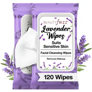 BeautyFrizz Lavender Face Wipes - Gentle Makeup Remover Wipes for Women - Anti-Aging Facial Cleansing Wipes with Aloe, Castor Oil, Vitamin A and E - Extra Soft - Moisturizing Wipes - 120 pcs