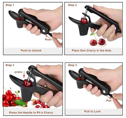 Cherry Pitter - Stainless Steel Olive and Cherries Pitters Corer Tool with Space-Saving Lock Design, Multi-Function Fruit Pit Remover for Cherry Jam (Black) Kitchen Silicone Utensils
