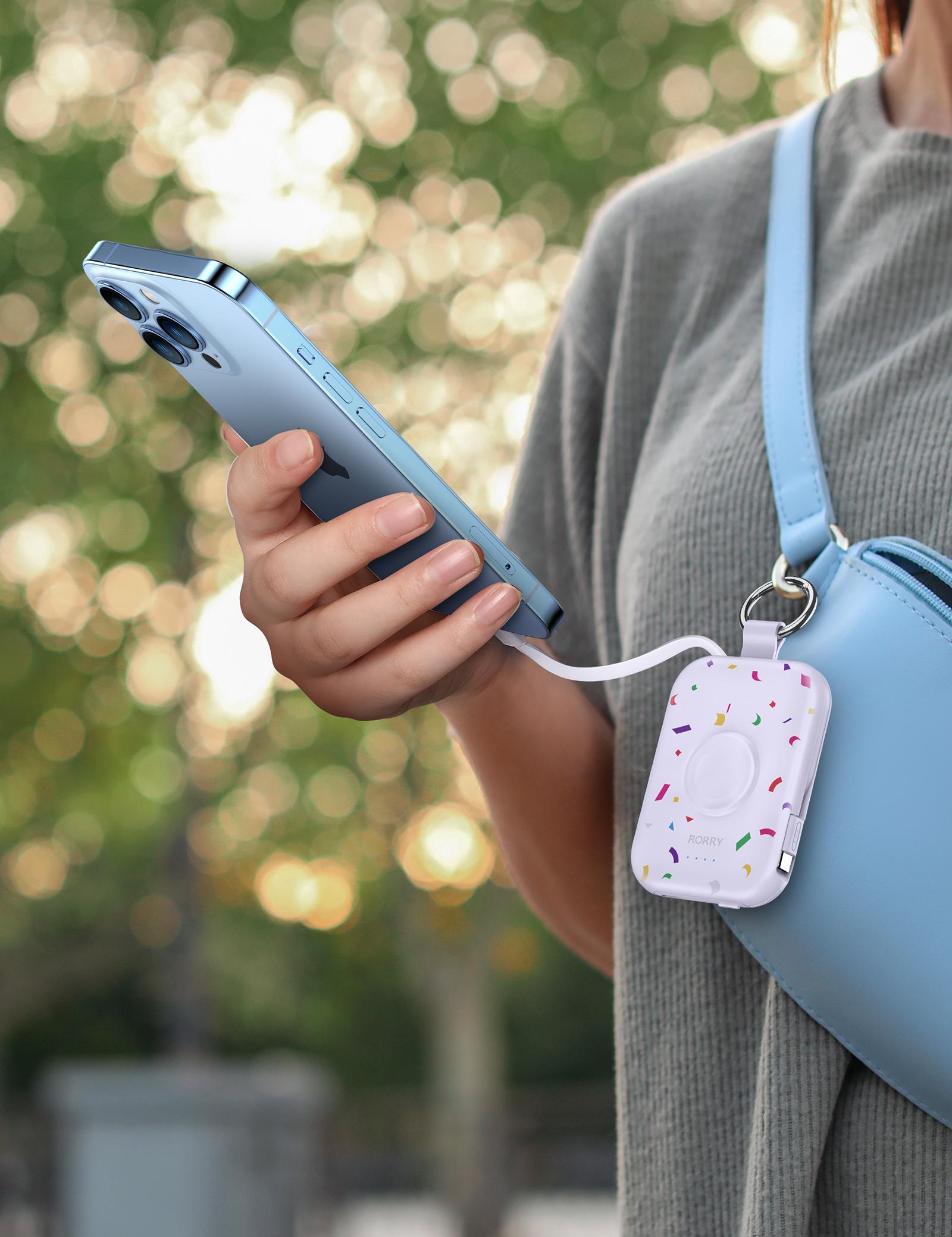 RORRY Confetti Power Bank 5000mAh Travel Charger with Built-in Cables Keychain Design for Apple Watch Series iPhone 17-12 USB Type-C Portable Charger Compact Perfect Gift TikTokShopSpringGlowUp