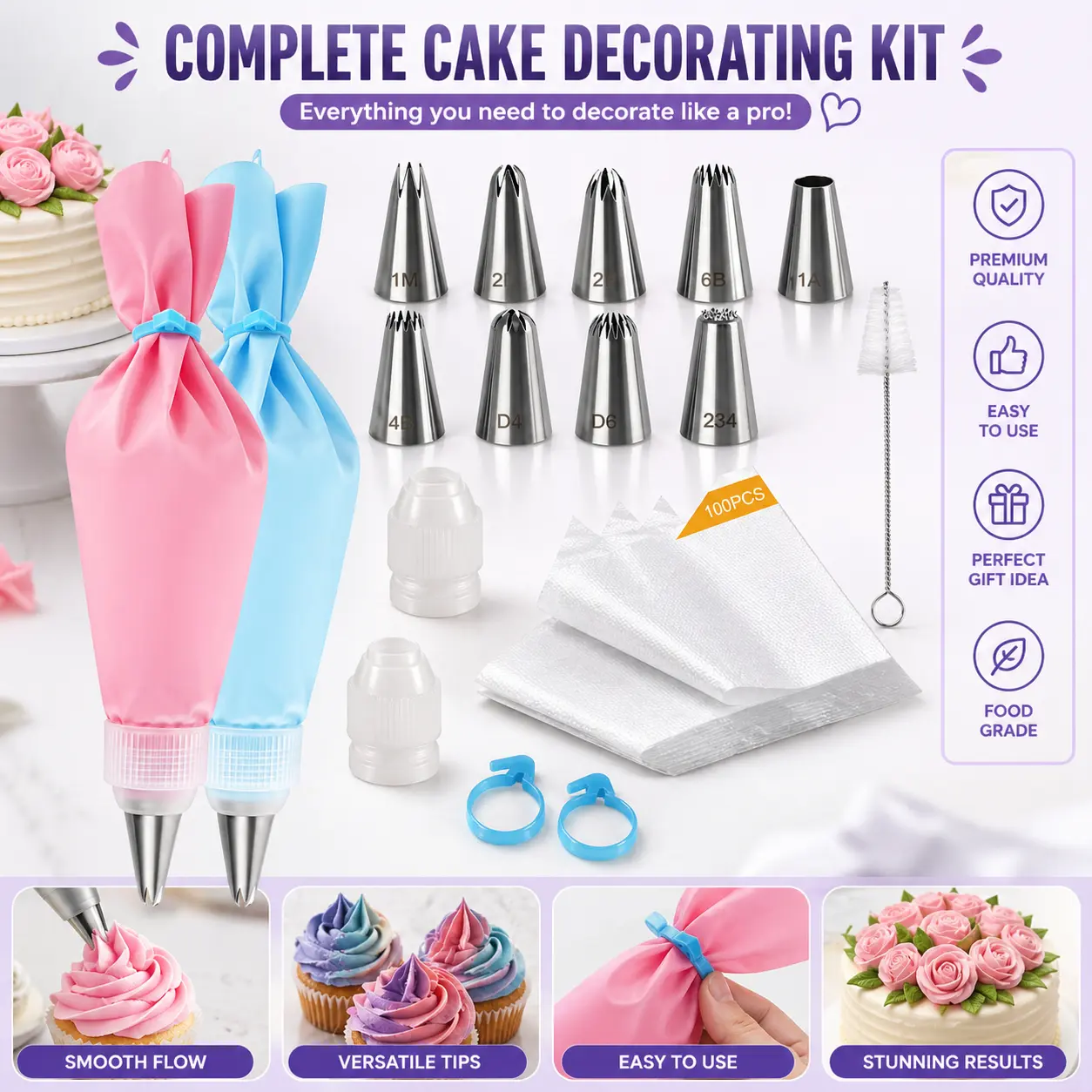 Piping Bags and Tips Set, 116 Pcs Cake Decorating Kit with 9 Piping Tips, Premium Stainless Steel Cake Icing Piping Tips Set, Professional Pastry Decorating Nozzles for Summer Birthday Party, Graduation Cupcakes & Wedding Cake Decor Tools