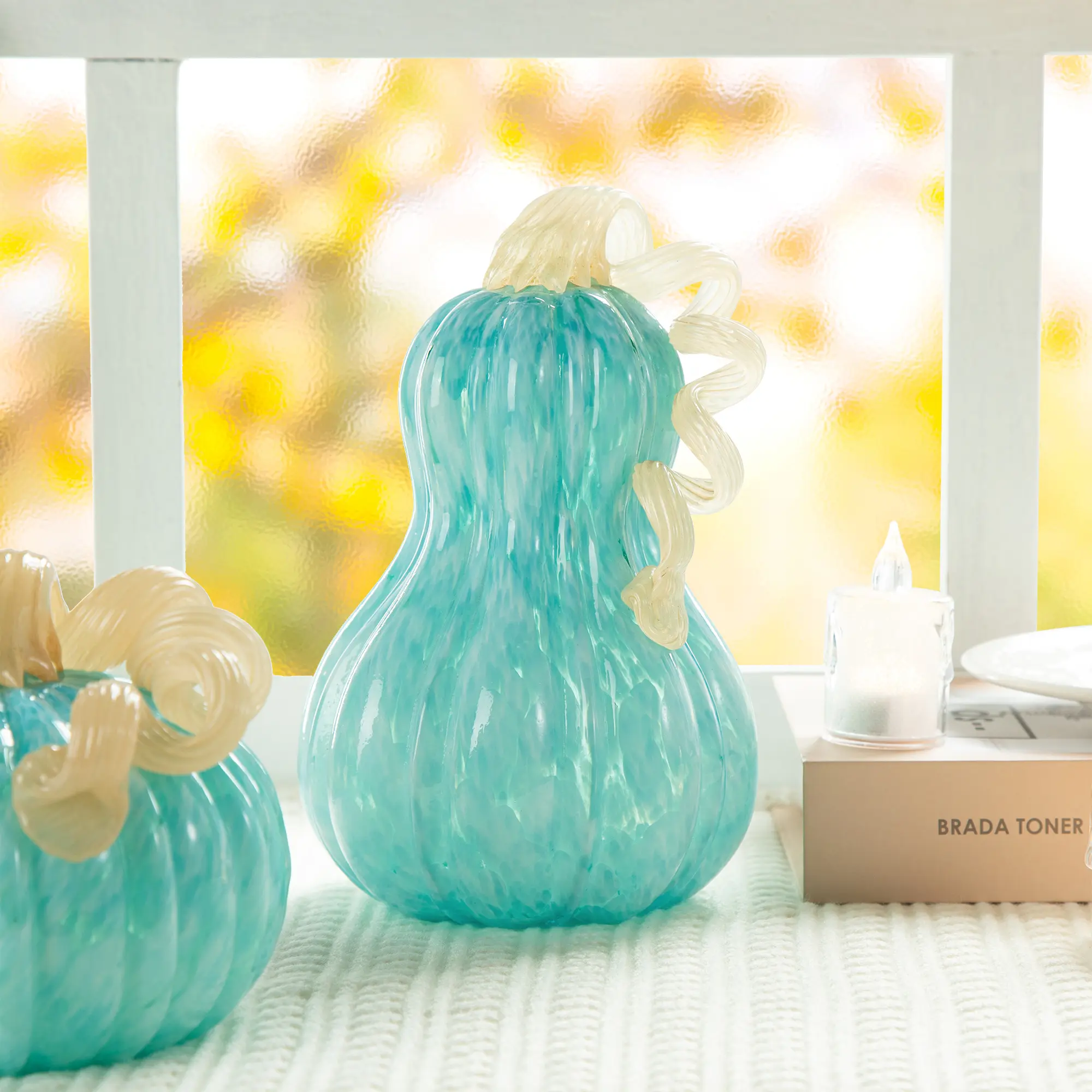 Glitzhome 8.5"H Turquoise Glass Gourd Decor - Festive Fall Accent for Home & Festive Party Supplies
