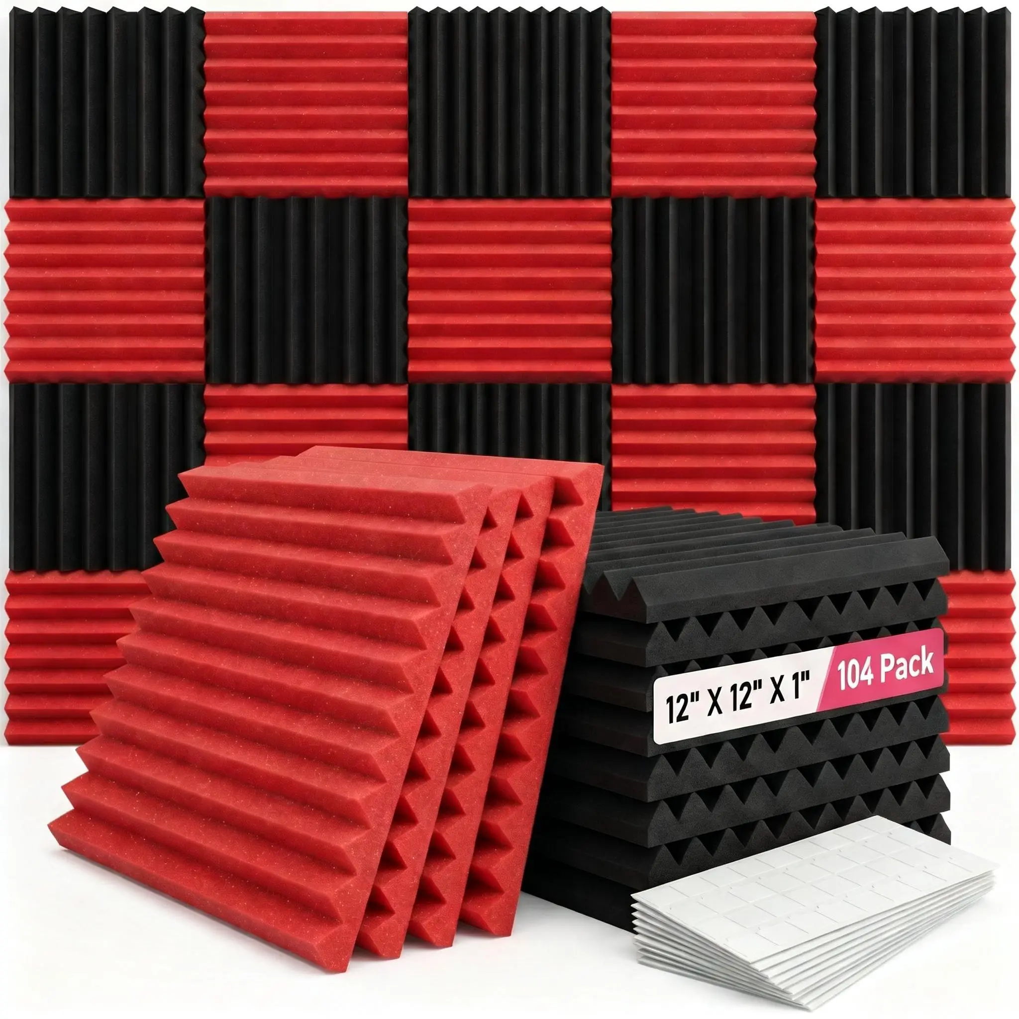 104 pieces of black and red soundproofing foam panels suitable for walls, 1 x 12 x 12 inches (approximately 30*30*2.5 cm) soundproofing foam panels, high-density sound-absorbing boards, noise-reducing studio, Acoustic Foam, 30X30cm