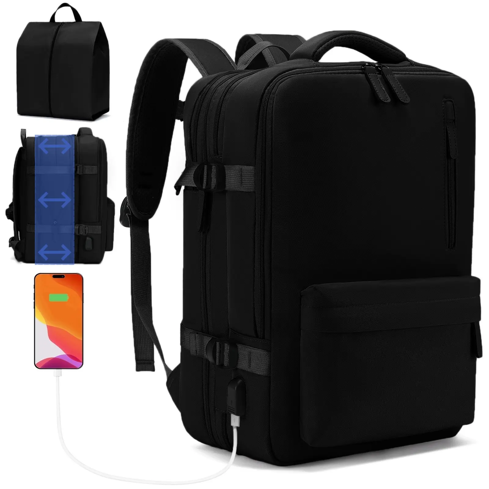 Unisex Nylon Expandable Business Travel Backpack & Shoe Bag Set - Airline-Approved 40L, 180° Zip Open, Lightweight, Water-Resist Shell, Plain, Foldable, Multi-Compartment, Shoe Bag Separation, Underseat Fit