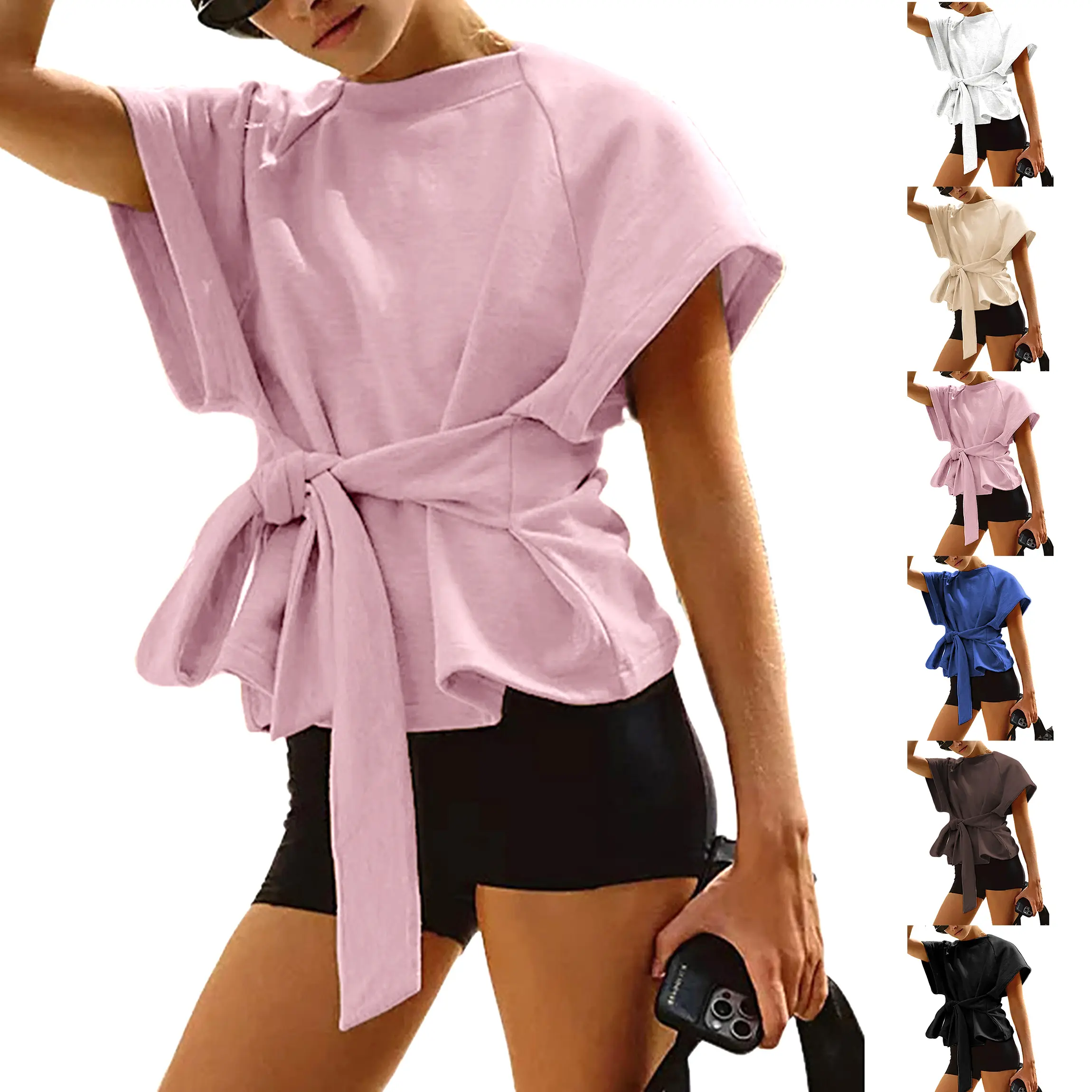 Buenoble Women’s Tie Waist Top Short Sleeve Crewneck Tee | Slimming Knot Front T-Shirt Casual Athleisure Shirt