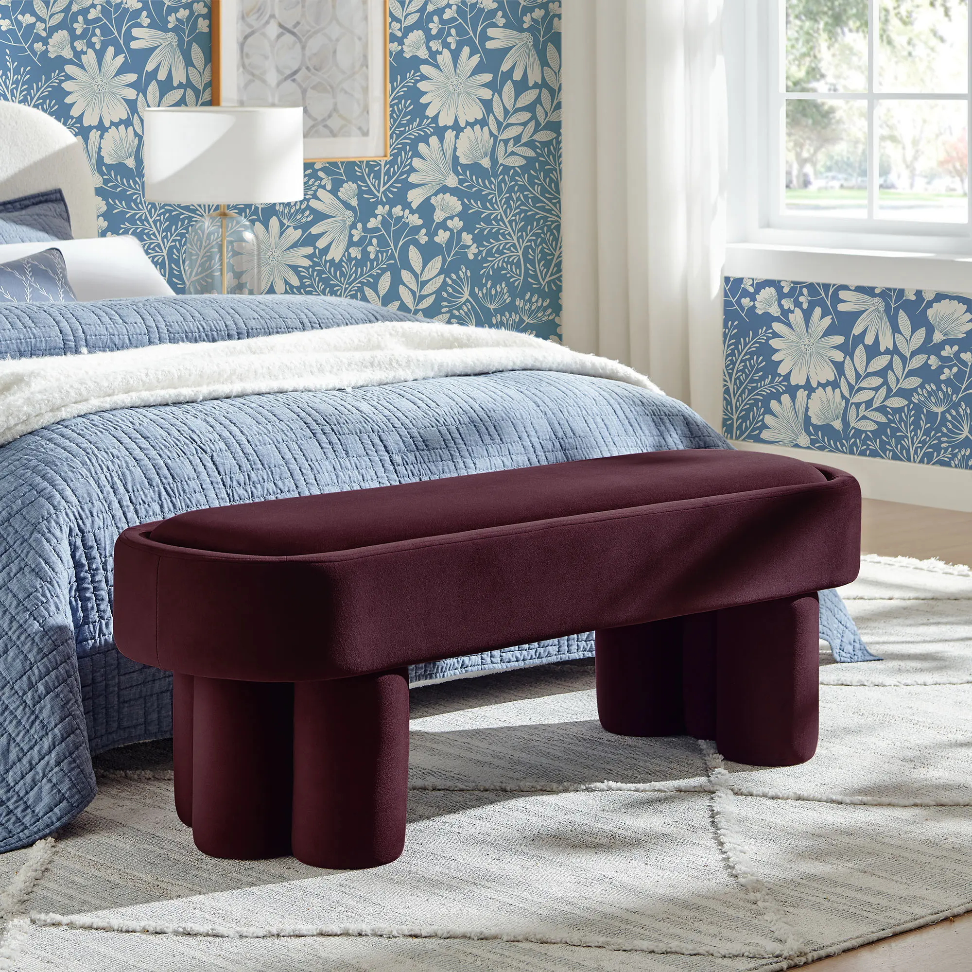 Mossi Oval Performance Velvet Accent Bench in Mulberry
