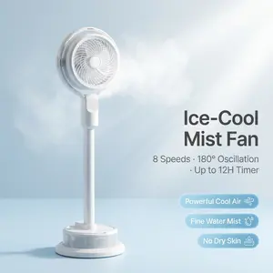 TazTir Misting Standing Fan Air Circulator 8 Speeds Quiet Portable 180° Oscillating Eco-Safe Tech 12H Timer Dual Control Stylish Compact For Bedroom | Office | Camping