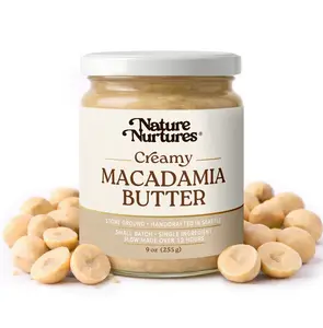 Creamy Macadamia Butter · 100% Macadamia Nuts · Single Ingredient · No Fillers · Raw · Stone Ground for 12 Hours · Small Batch · Handcrafted in USA · High Protein · 100% Pure & Natural · No Added Sugar · No Palm Oil · Packed in Glass Jar · 9 oz (255 g)