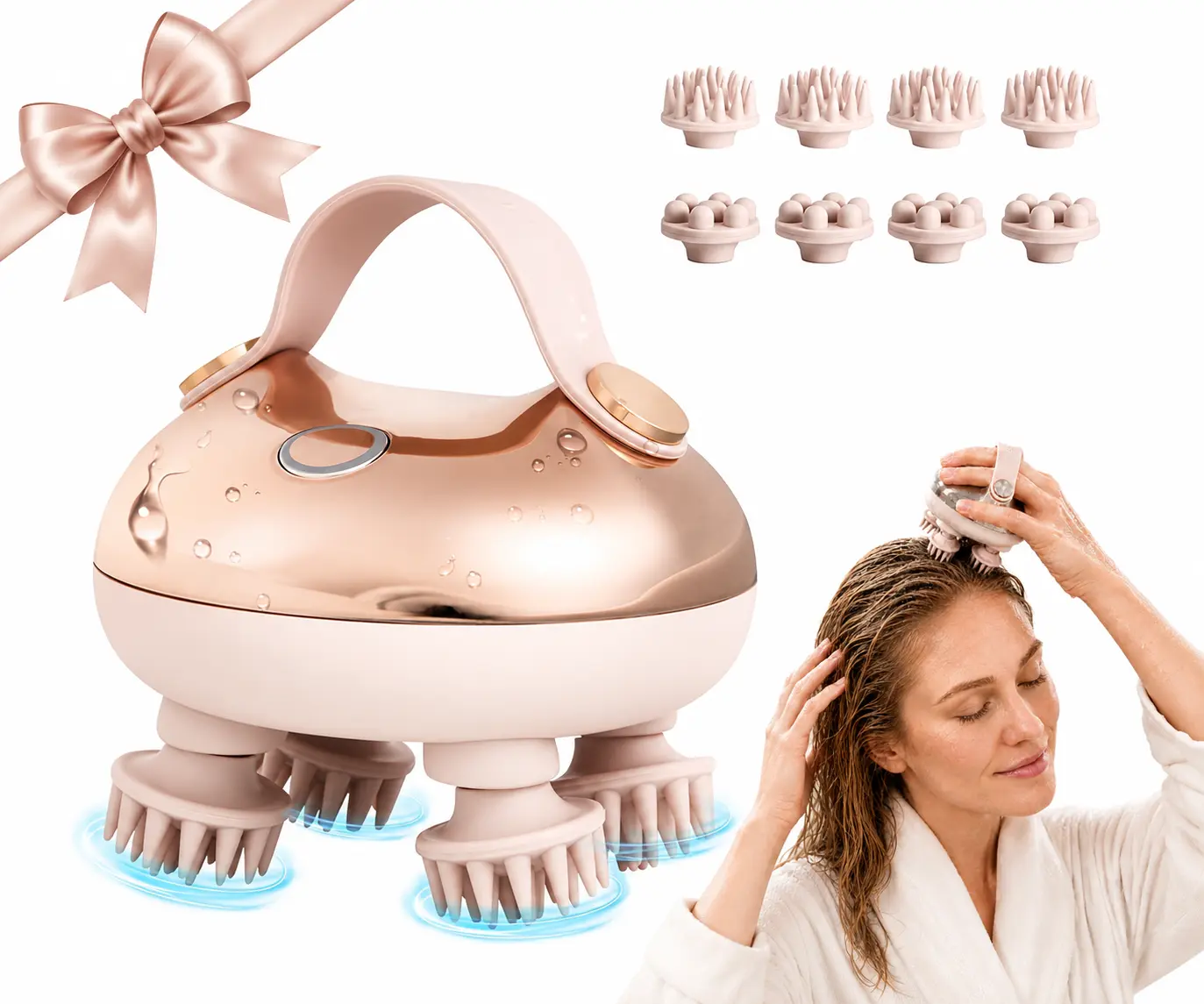Rose Gold Relaxing Electric Head Massager - 10cm Lightweight, Cordless, Rechargeable, Waterproof Personal Care Device with 8 Removable Claws for Daily Head Spa, Stress Relief