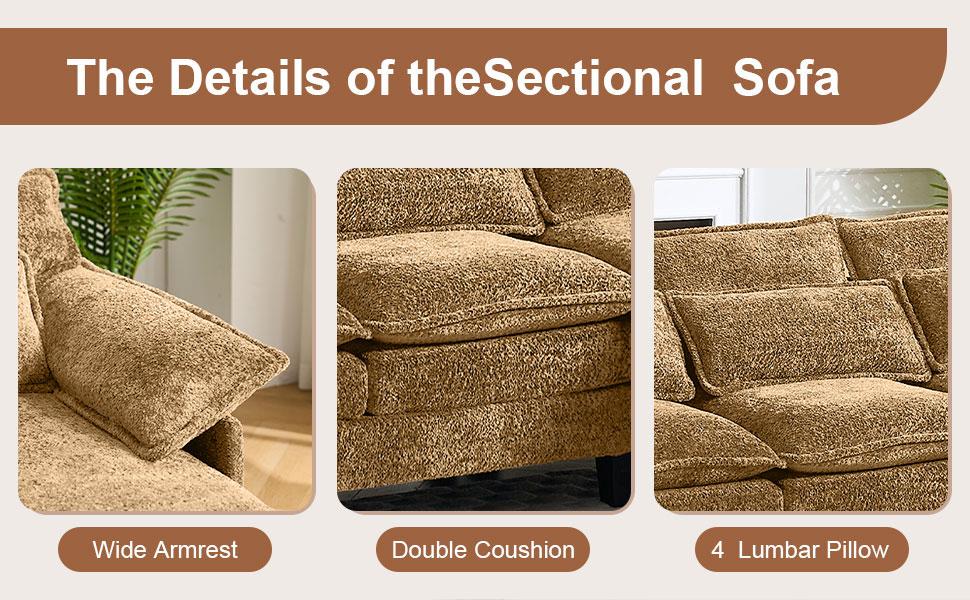 【3 Packages】110" U Shaped Couch,Modular Sectional Sofa with 4 Waist Pillows,Sleeper Deep Seat Couch with Double Chaise Lounge & Memory Foam for Living Room