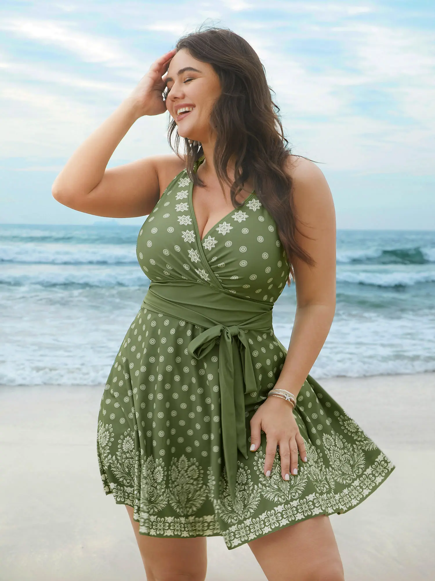 【Tummy control】BLOOMCHIC Plus Size Boho Print Waist-Tie Surplice Neck Swim Dress Beachwear Swimsuits, Beachswimsuits Printed,Sleeveless Swimdress Floral Printed Swimwear [M-6X] ,Summerfinds