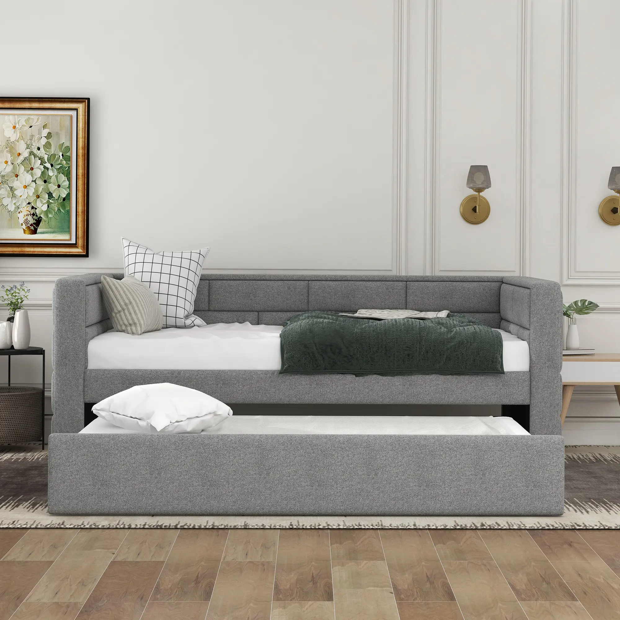 Bellemave Glam Twin-Size Upholstered Extendable Daybed Bunk with Pull-Out Trundle, Foam-Padded Back, Storage, Sturdy Pine Wooden Bedroom Bedframe, 10-Slat Support, Bedroom Furniture Decor (Assembly Required for Sleepovers)