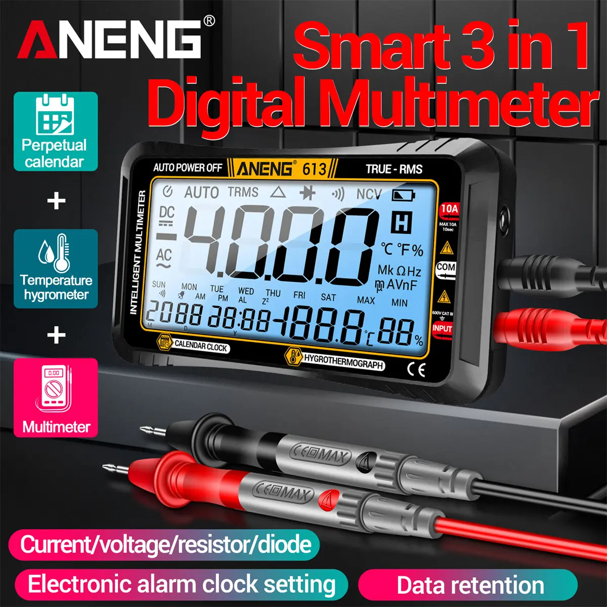 ANENG 613 Digital Multimeter: Auto-Ranging TRMS 4000 Count, Measures AC/DC Voltage, Current, Resistance, Capacitance, Diode & Temperature with Large LCD Backlit Display