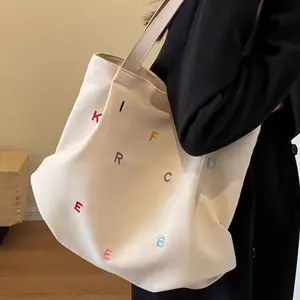 Canvas Tote Bag for Women, Embroidered Letters Aesthetic Shoulder Bag, Large Capacity Casual Travel Handbag, Eco-Friendly Reusable Grocery Bag for Beach, School, Work