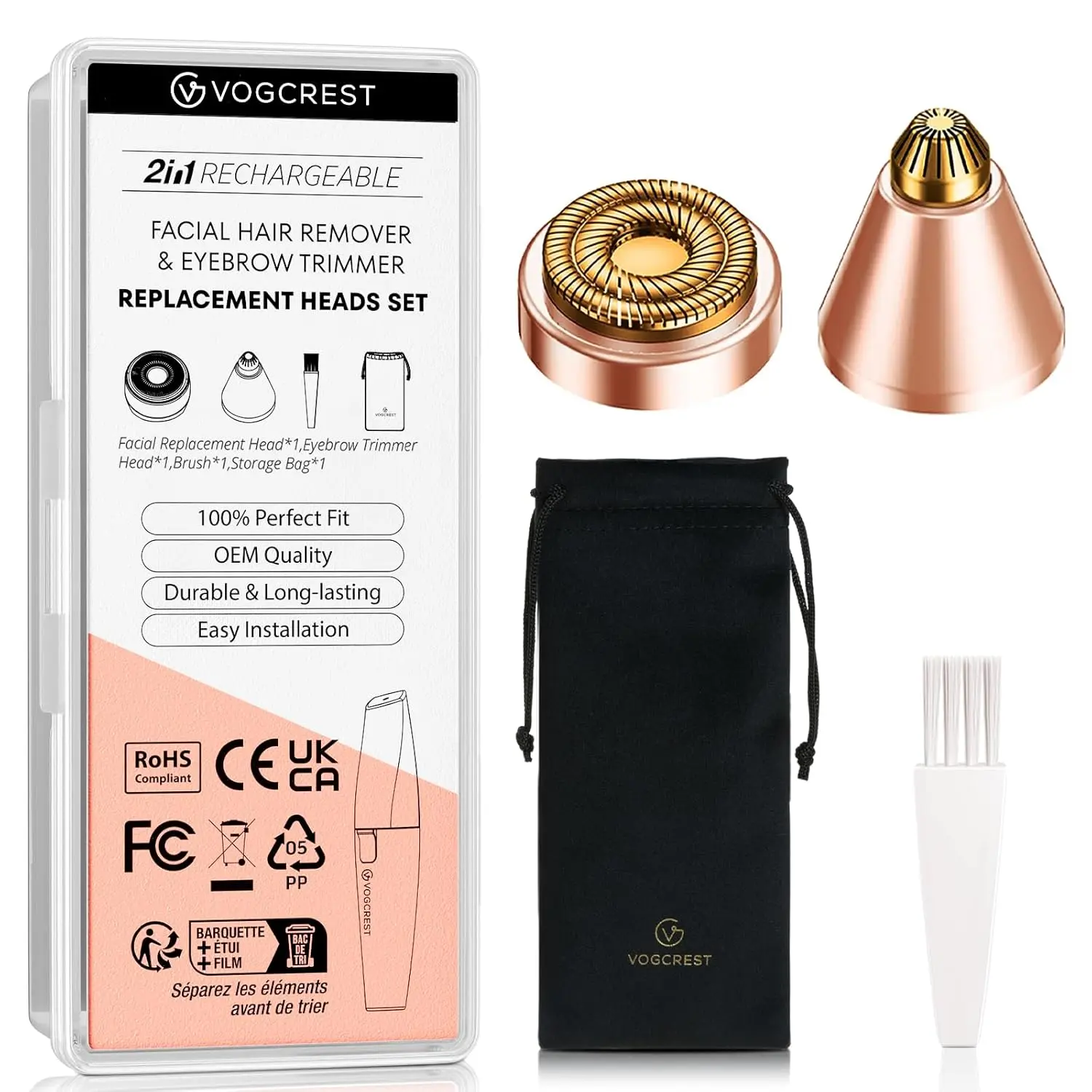 VG VOGCREST 2-in-1 Rechargeable Electric Eyebrow Shaper & Facial Trimmer - Stainless Steel, Painless Daily Grooming Tool for Face, Lips, Body, Built-in LED Light, Durable with Storage Feature