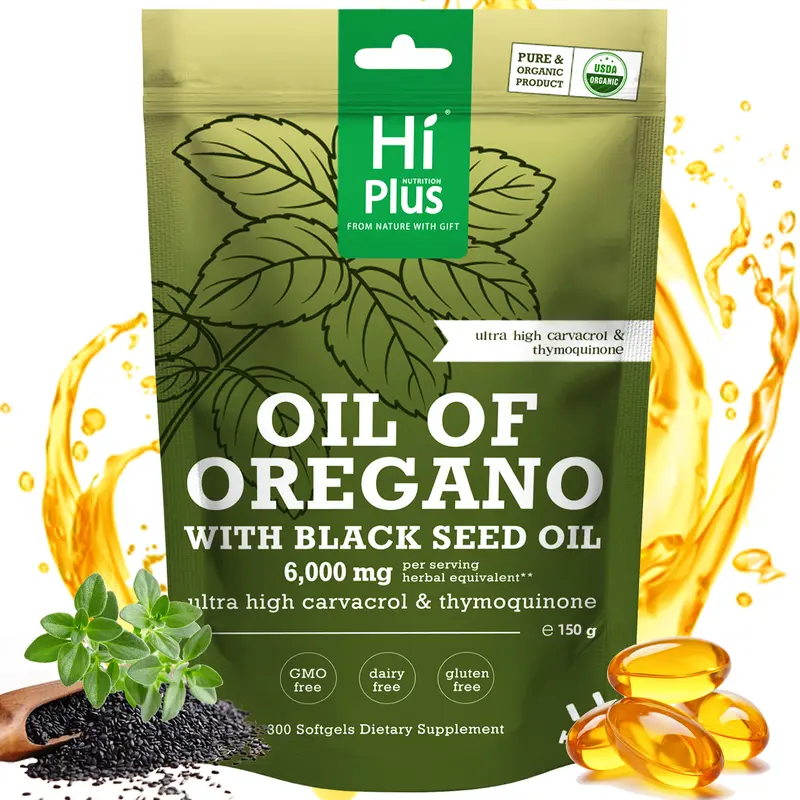 HiPlus Oregano & Black Seed Oil Dietary Supplement Softgels - Immune Support, Antioxidant Boost, High Carvacrol, Non-GMO, Plant-Based, Oil of Oregano Vitamins Supplements, Softgel Convenience (300 Count)