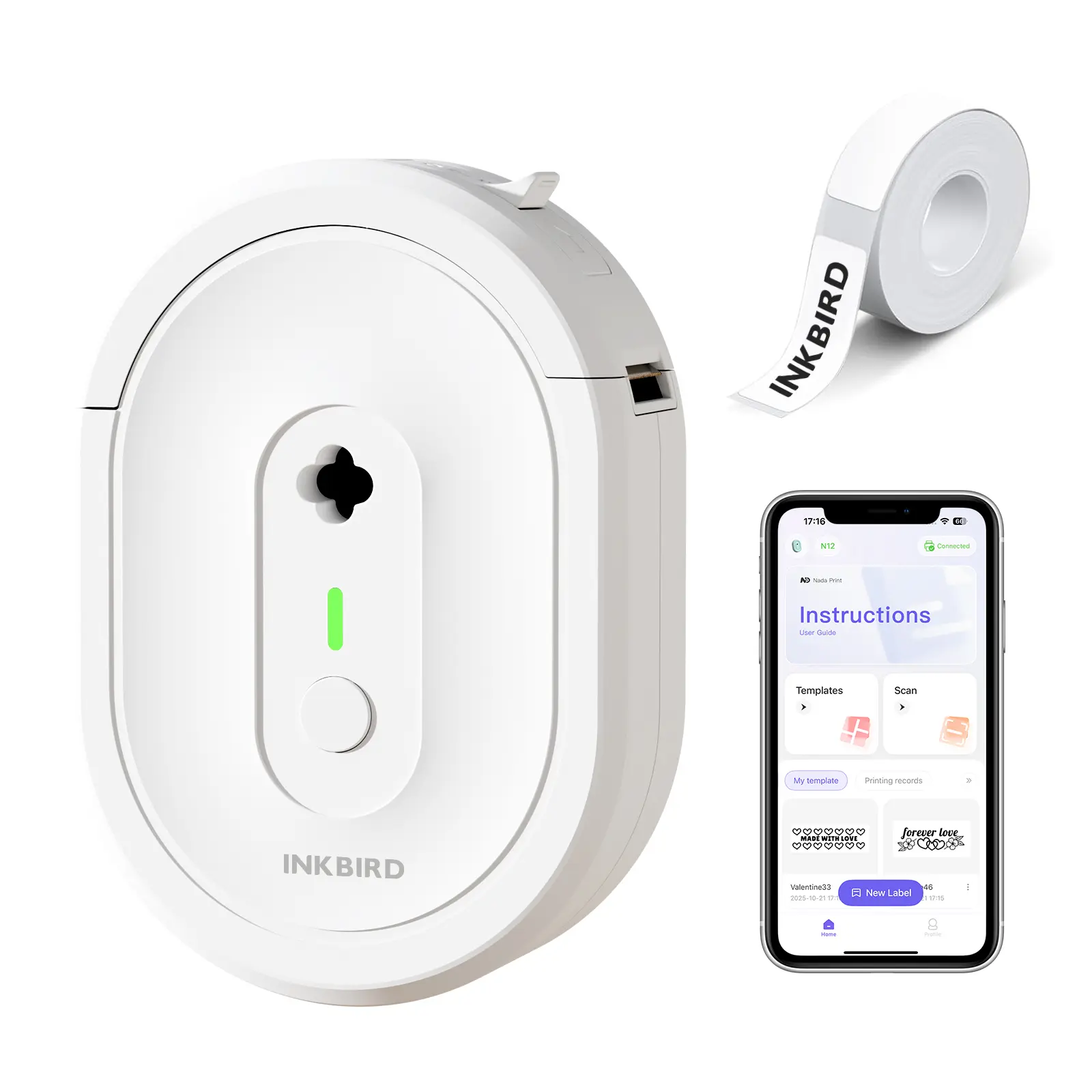 INKBIRD label printer (with tape), Bluetooth label printer, wireless mini label maker, supports multiple templates, suitable for schools/office/households