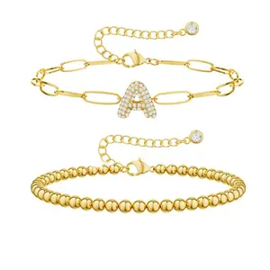 Tewiky 14K Gold Plated Layered Bracelets for Women - Trendy Cubic Zirconia A-Z Beaded Initial Letter Charm Bracelet Adjustable Paperclip Chain Bracelets for Women Jewelry Gifts Dainty For Valentine's Day gifts