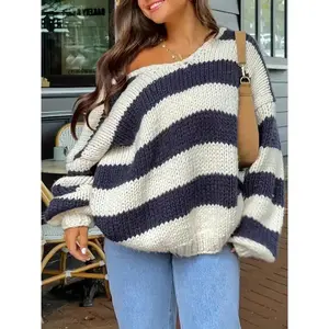 Women's Fall Striped Sweater Drop Shoulder Long Sleeve V-Neck Loose Knitted Tops