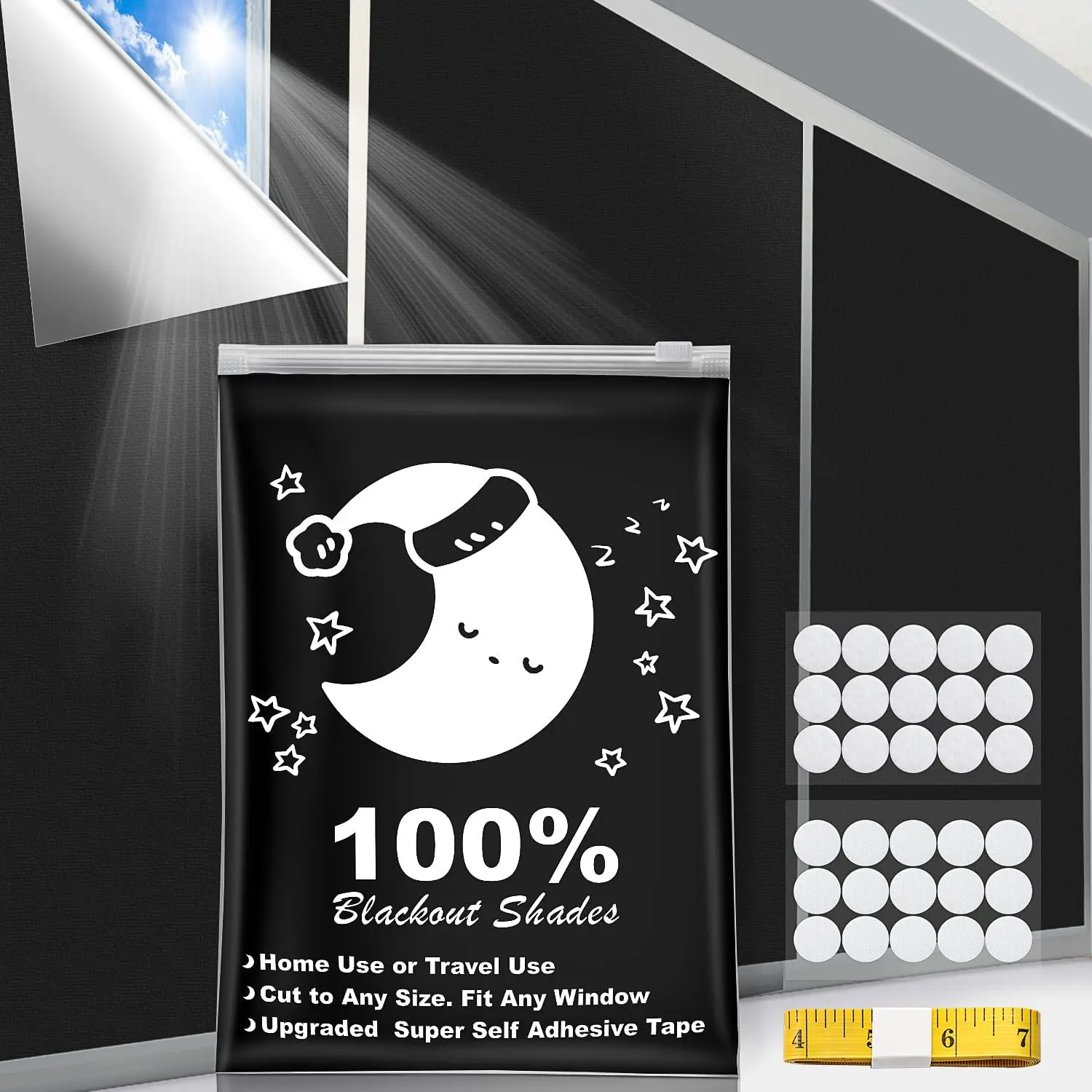 Portable Blackout Curtains, (40" x 57") Blackout Shades, 100% Portable Blackout Blinds for Any Window with 15 Pair Hook & Loop Tabs Stick-on, Temporary Blackout Shades for /Travelers/Bedroom