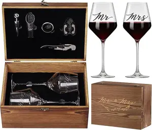 Wedding/Anniversary/Engagement/Bridal Shower and Bachelorette Gifts for Couples,Bride & Newlywed, Engraved Mr and Mrs Wine Glasses with Wooden Memory Box