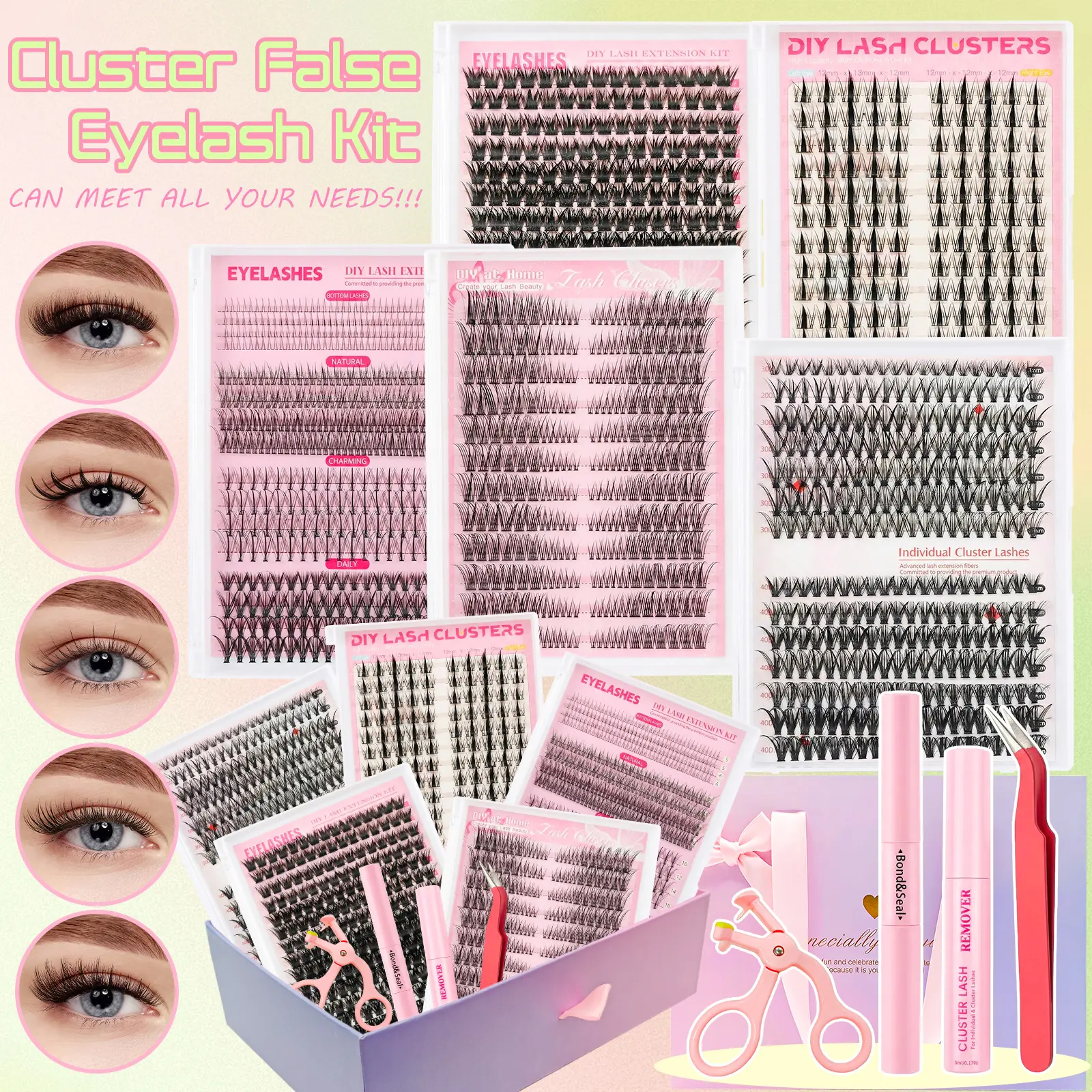 5 Box Mix Lashes Clusters Kit Gift Packs with Lash Bond&Seal, Remover, Tweezers,eyelash curler Volume Mega/Bottom Soft Extension False Eyelash Wispy Natural DIY Individual Fake Eyelashes for Beginners Eyelashes Kit DlY at Home