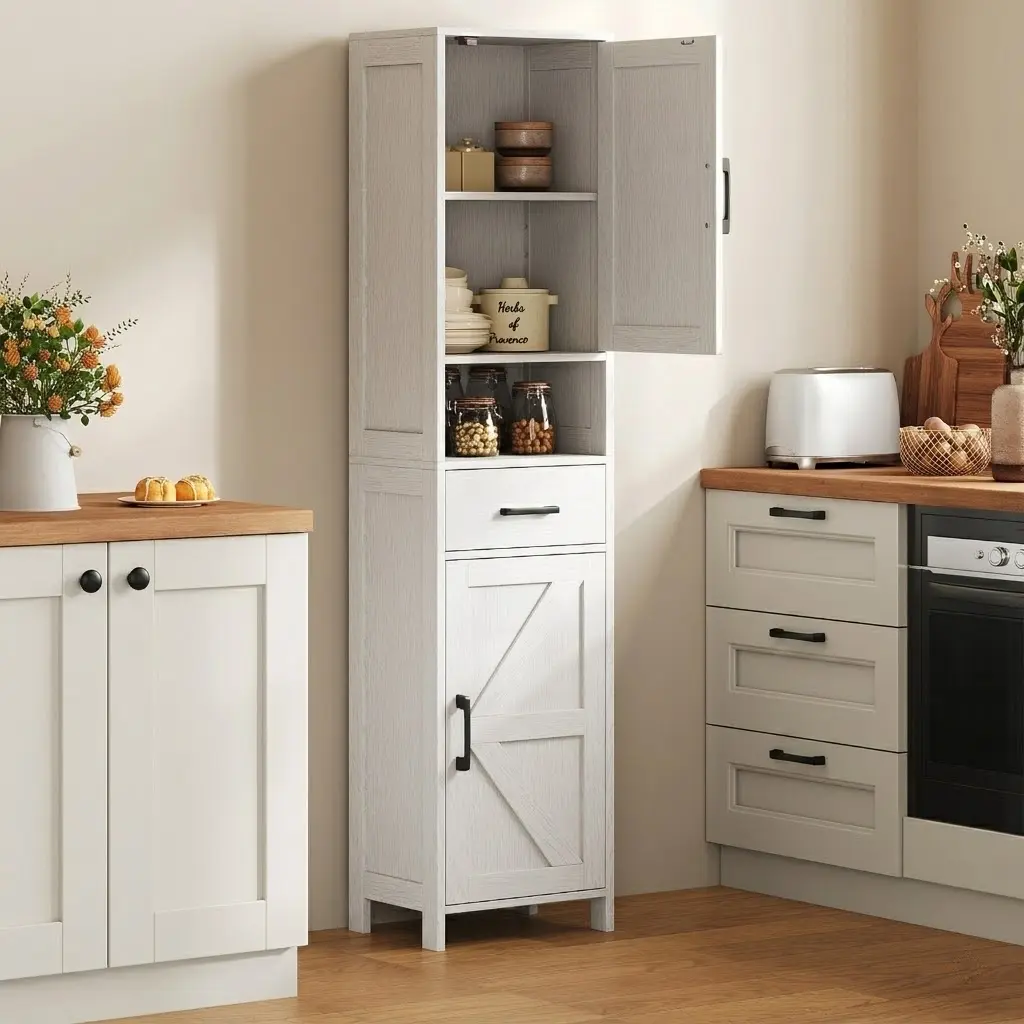 Sweetcrispy Slim Pantry Storage Cabinet, 67" Tall Freestanding Kitchen Cabinet with Drawer and 5-Level Adjustable Shelves, Modern Barn Door Linen Tower for Bathroom, Bedroom, Living Room, White, Storage Organization, Room Storage