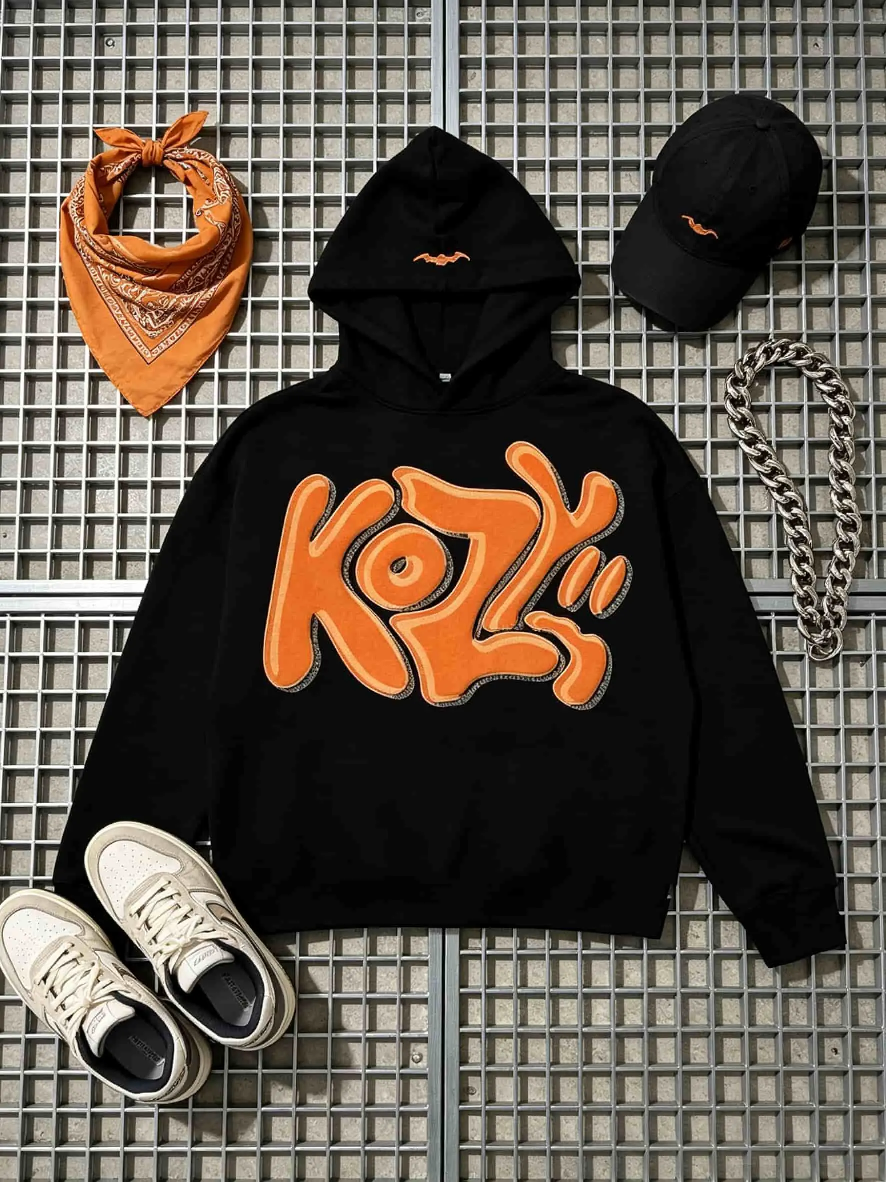 Y2K KOZY Graffiti Hoodie, Men Women Oversized Streetwear Sweatshirt, Gothic Bubble Letter Print Pullover with Bat Detail, Casual Harajuku Style Womenswear Piece Tops