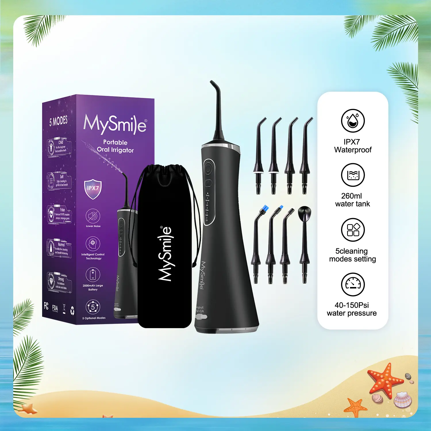 MySmile Cordless Water Flosser for Plaque Removal, Rechargeable Oral Irrigator with 5 Cleansing Modes & 8 Jet Tips, Family Pack for Braces Users & Adults, Dental Cleaner, Batteries, Self Care Products, Plastic
