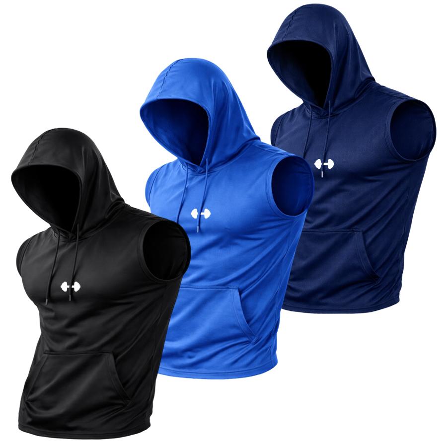 3-Pack Men&rsquo;s Quick-Dry Cooling Hooded Sleeveless Tops &mdash; Fabric is water-washable, wrinkle-resistant, and resists deformation; basic versatile fit suitable for various occasions&mdash;streetwear, outdoor morning runs, and casual layering at home.
