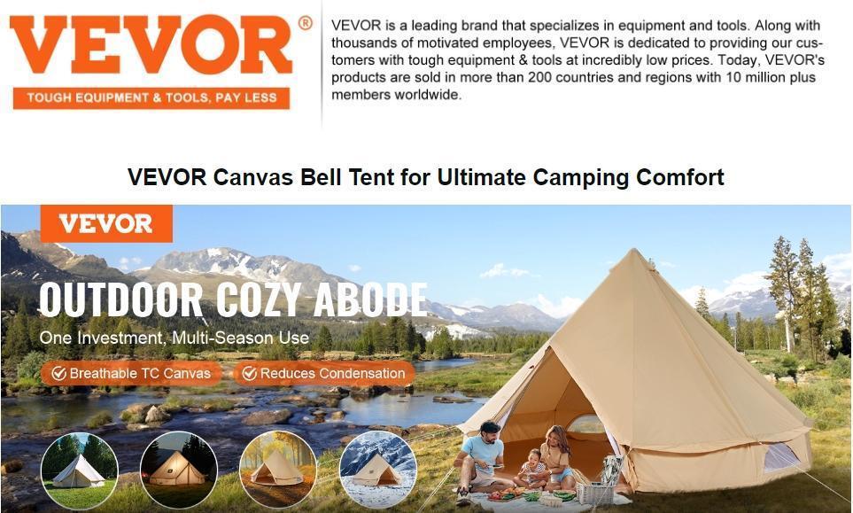 VEVOR Canvas Glamping Bell Tent Max 12 Persons, Breathable Waterproof Large Yurt Tent with Stove Jack and Detachable Side Wall for Family Camping